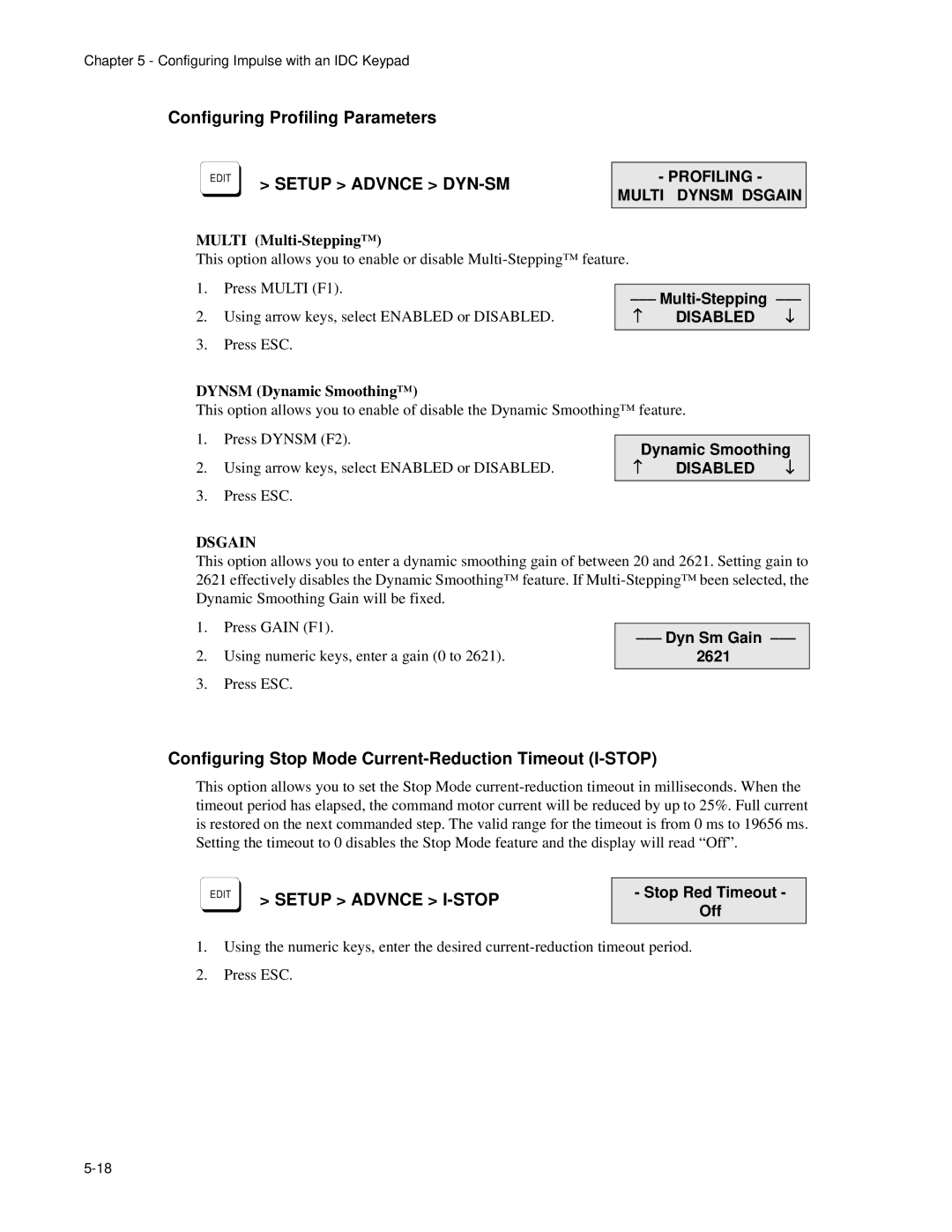 Impulse PCW-5181 user manual Configuring Profiling Parameters, Configuring Stop Mode Current-Reduction Timeout I-STOP 