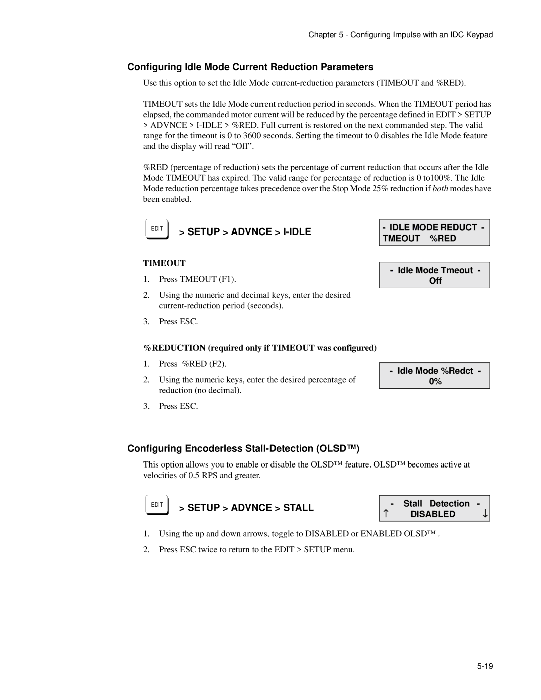 Impulse PCW-5181 Configuring Idle Mode Current Reduction Parameters, Configuring Encoderless Stall-Detection Olsd 