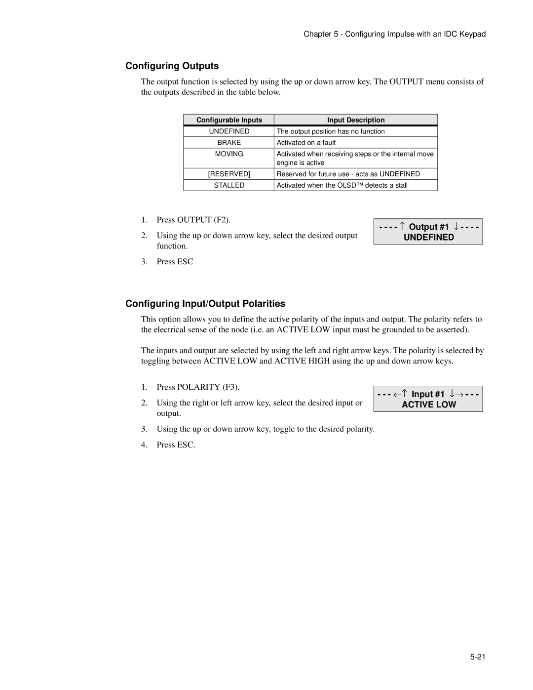 Impulse PCW-5181 user manual Configuring Outputs, Configuring Input/Output Polarities, ↑ Output #1 ↓ 