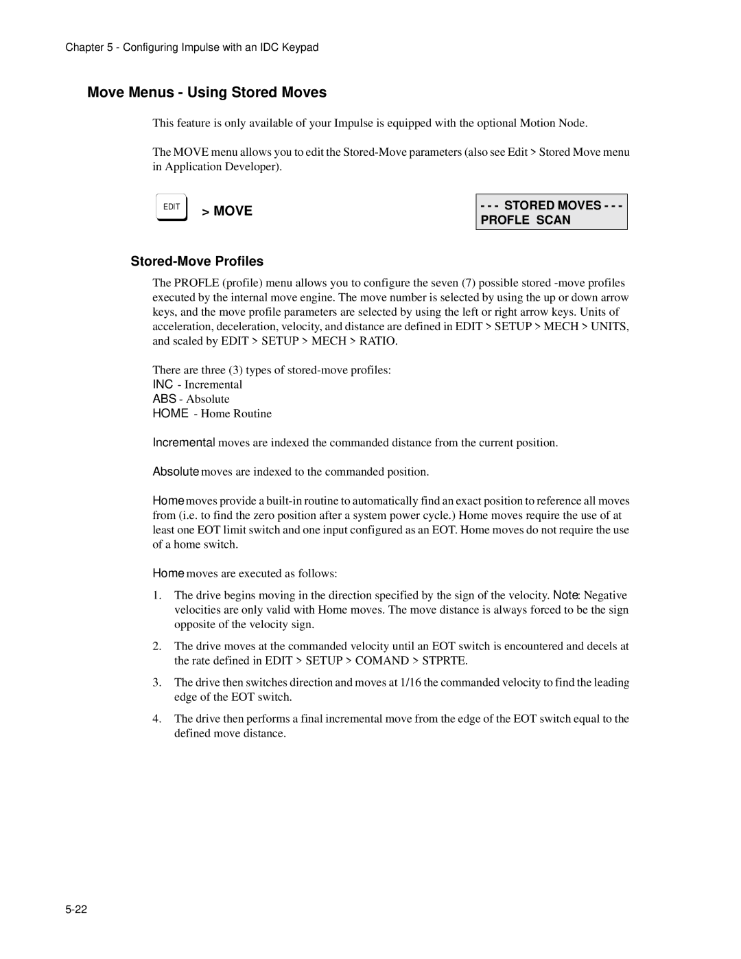 Impulse PCW-5181 user manual Move Menus Using Stored Moves, Stored-Move Profiles 