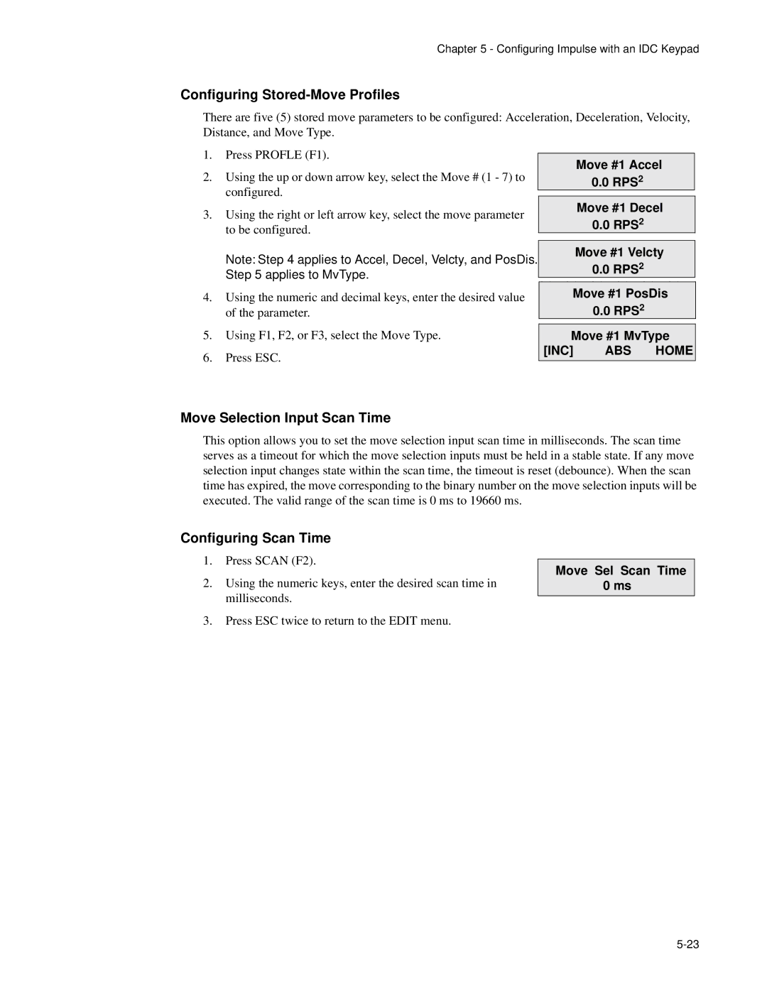 Impulse PCW-5181 user manual Configuring Stored-Move Profiles, Move Selection Input Scan Time, Configuring Scan Time 