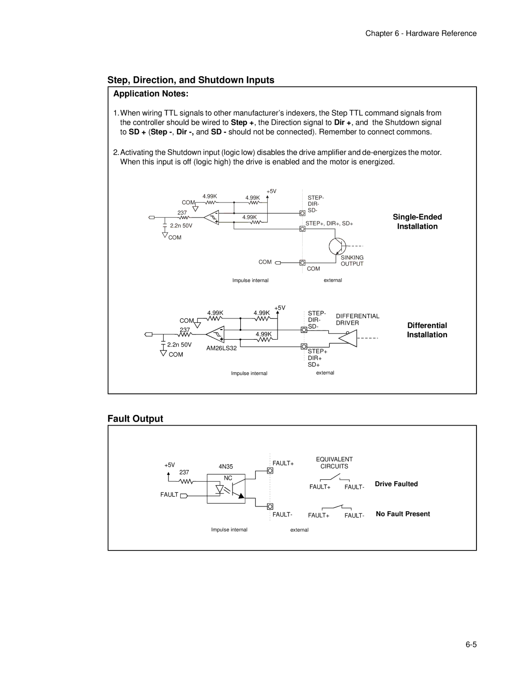 Impulse PCW-5181 Step, Direction, and Shutdown Inputs, Fault Output, Application Notes, Single-Ended Installation 