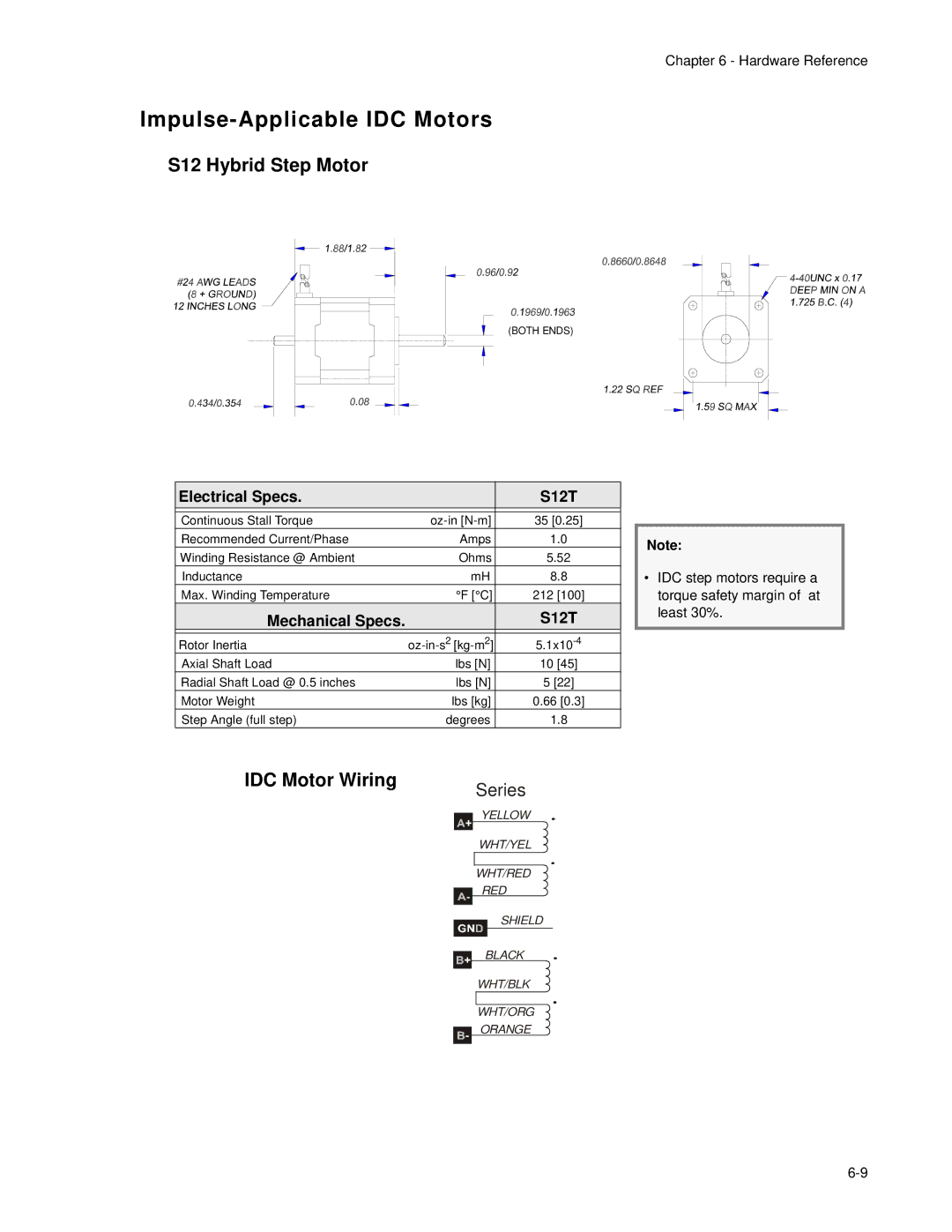 Impulse PCW-5181 Impulse-Applicable IDC Motors, S12 Hybrid Step Motor, Electrical Specs S12T, Mechanical Specs S12T 