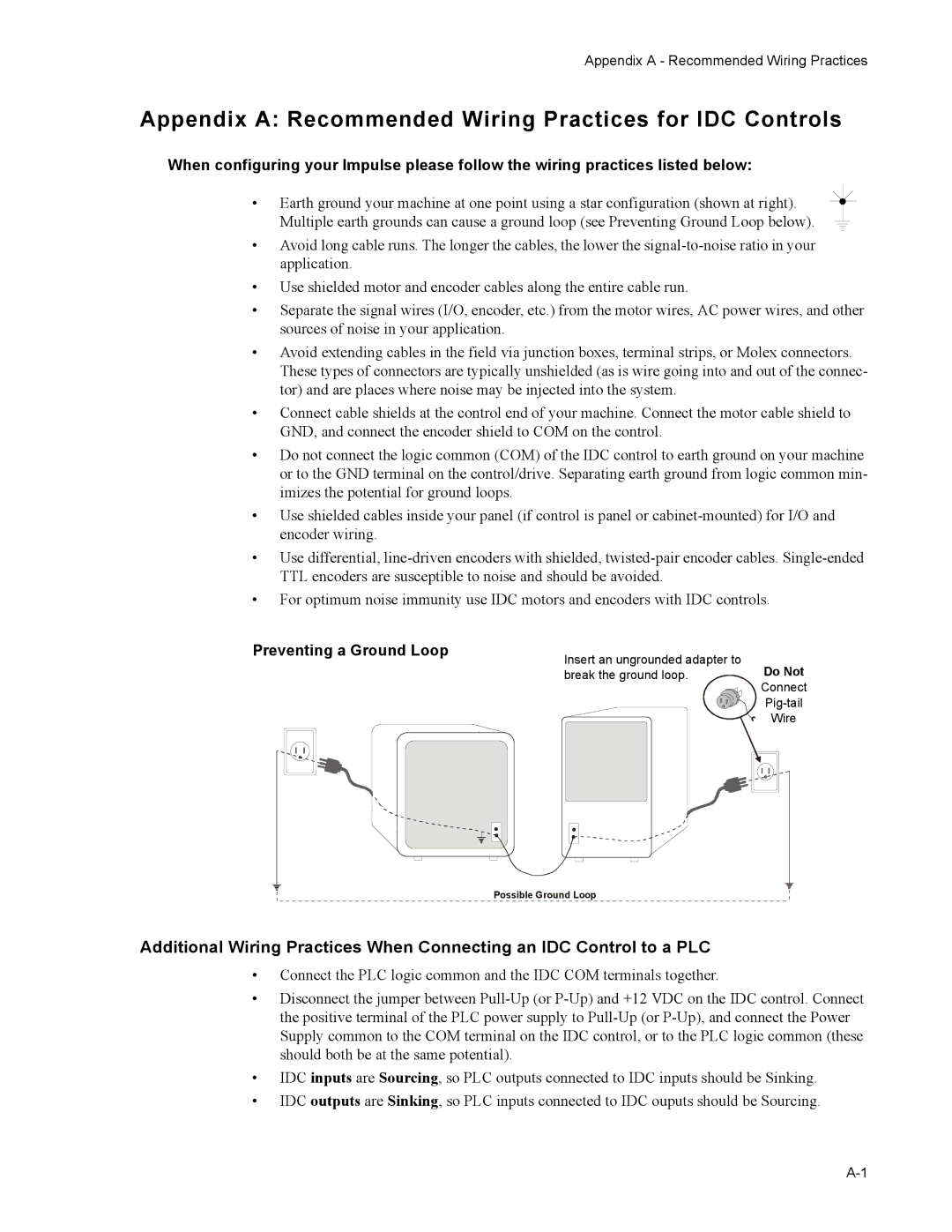 Impulse PCW-5181 user manual Appendix a Recommended Wiring Practices for IDC Controls, Preventing a Ground Loop 