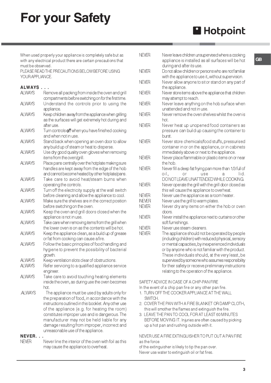 Indesit 52 TCW installation instructions For your Safety, Always, Never 