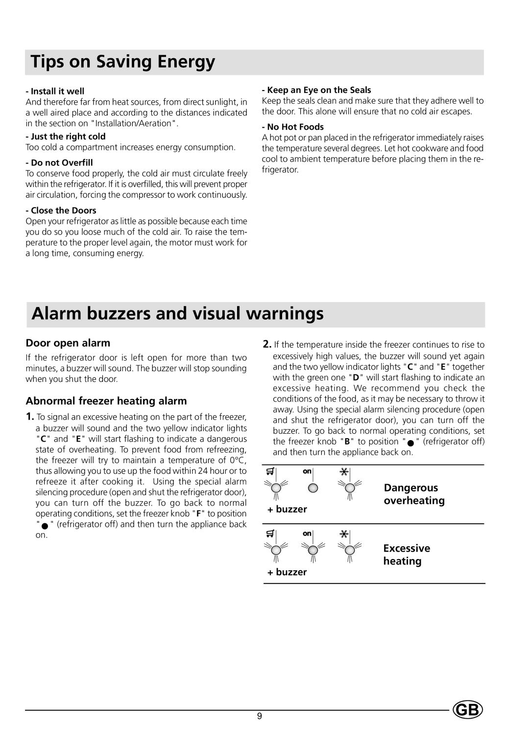 Indesit B 33 FNF X manual Tips on Saving Energy, Alarm buzzers and visual warnings, Door open alarm 