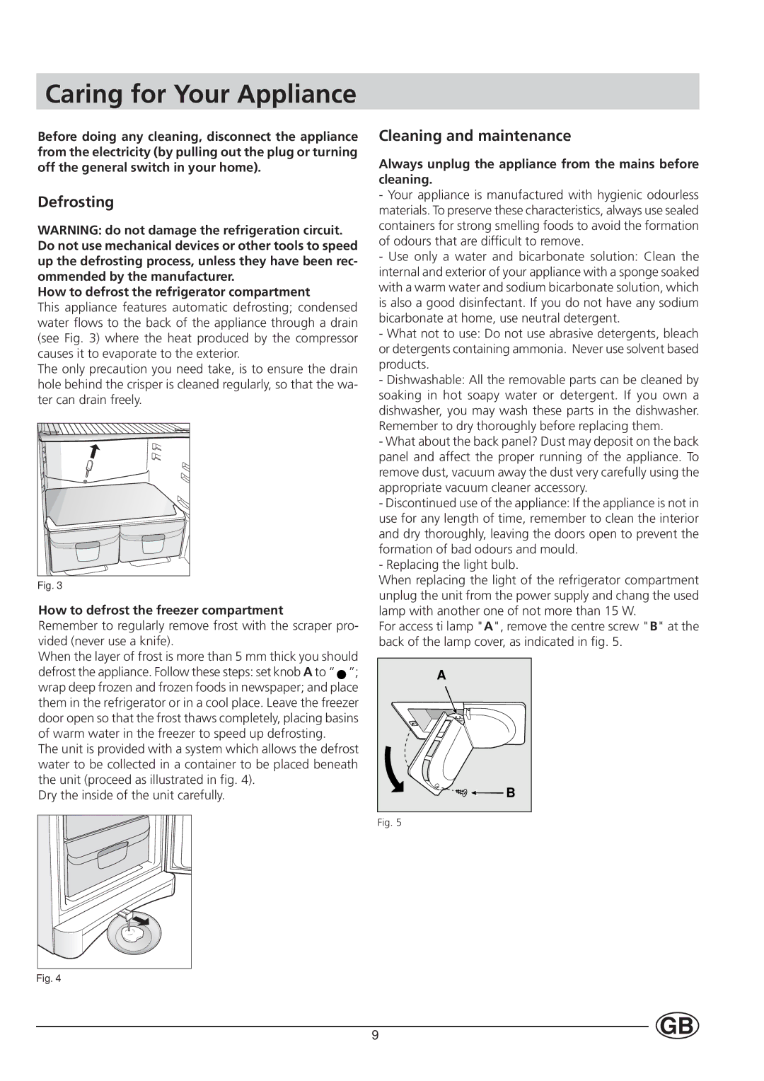 Indesit BA 12 S manual Caring for Your Appliance, Defrosting, Cleaning and maintenance 