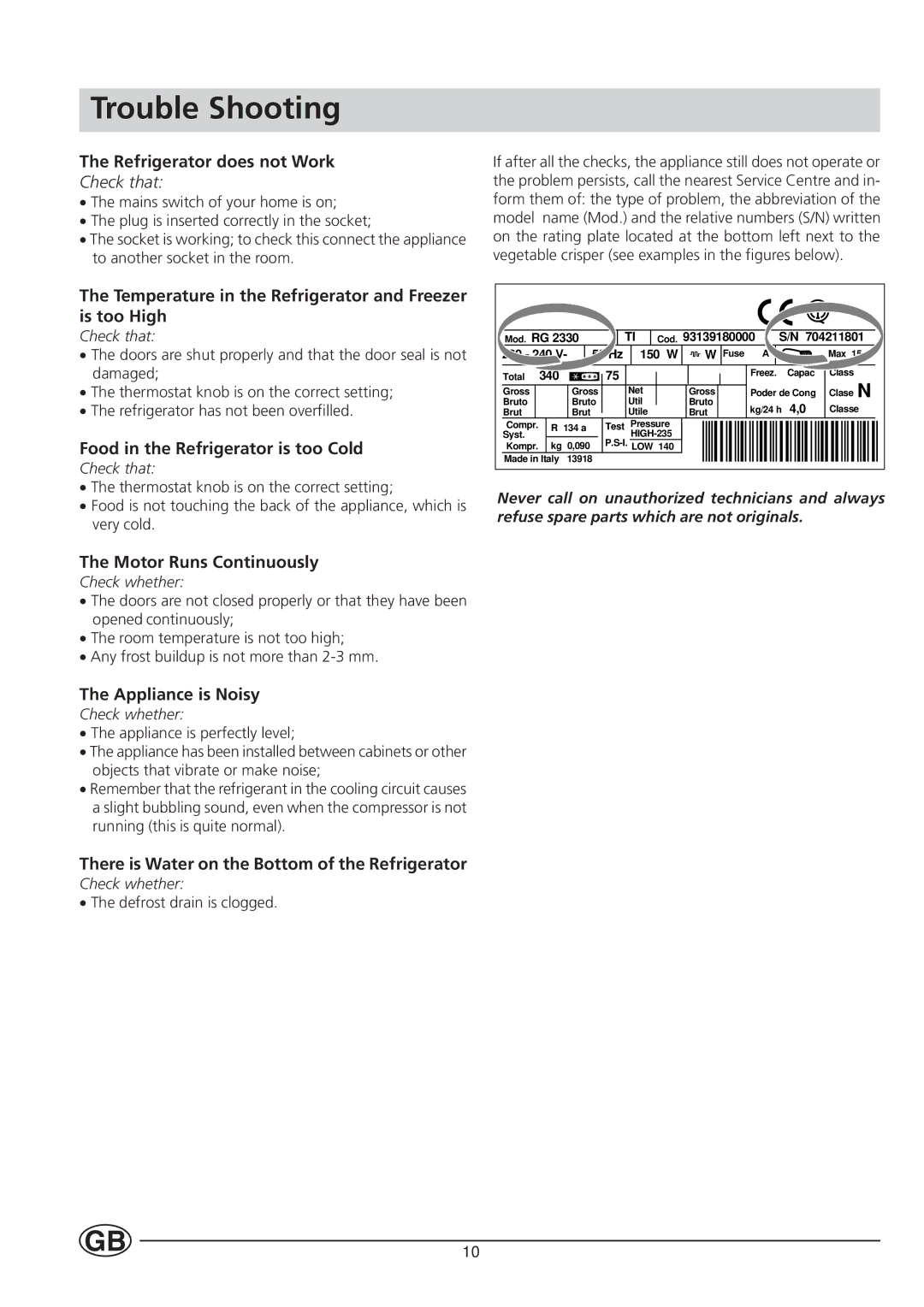 Indesit BA 12 S manual Trouble Shooting, Refrigerator does not Work 