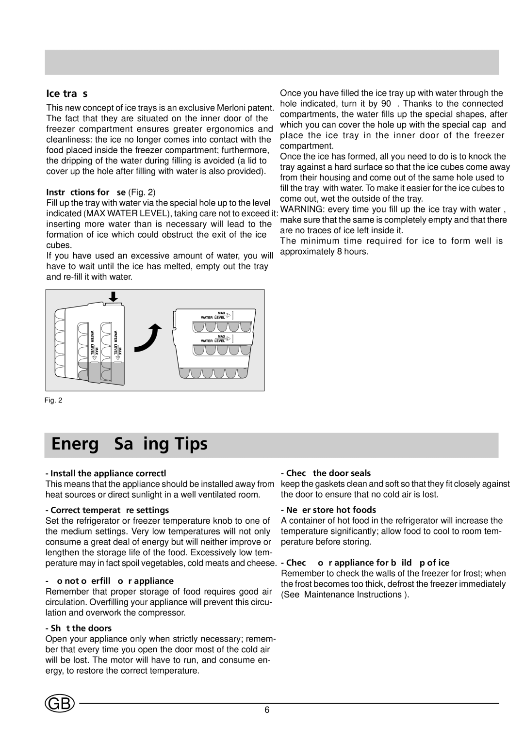 Indesit BA 12 S manual Energy Saving Tips, Ice trays 