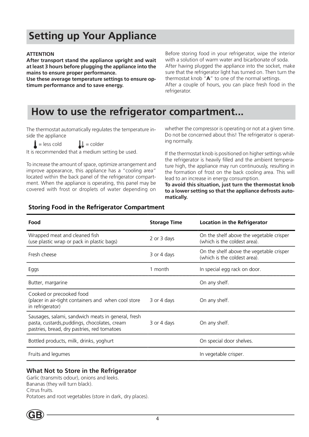 Indesit BA 13 GF Setting up Your Appliance, How to use the refrigerator compartment, What Not to Store in the Refrigerator 