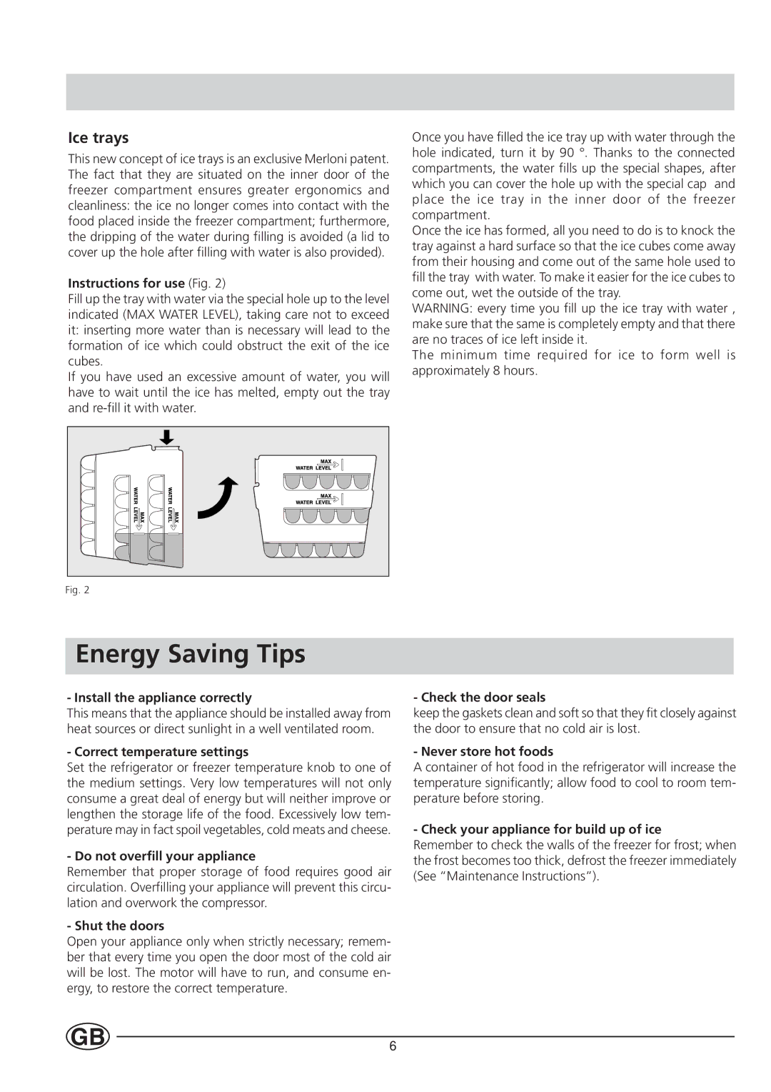 Indesit BA 13 GF manual Energy Saving Tips, Ice trays 