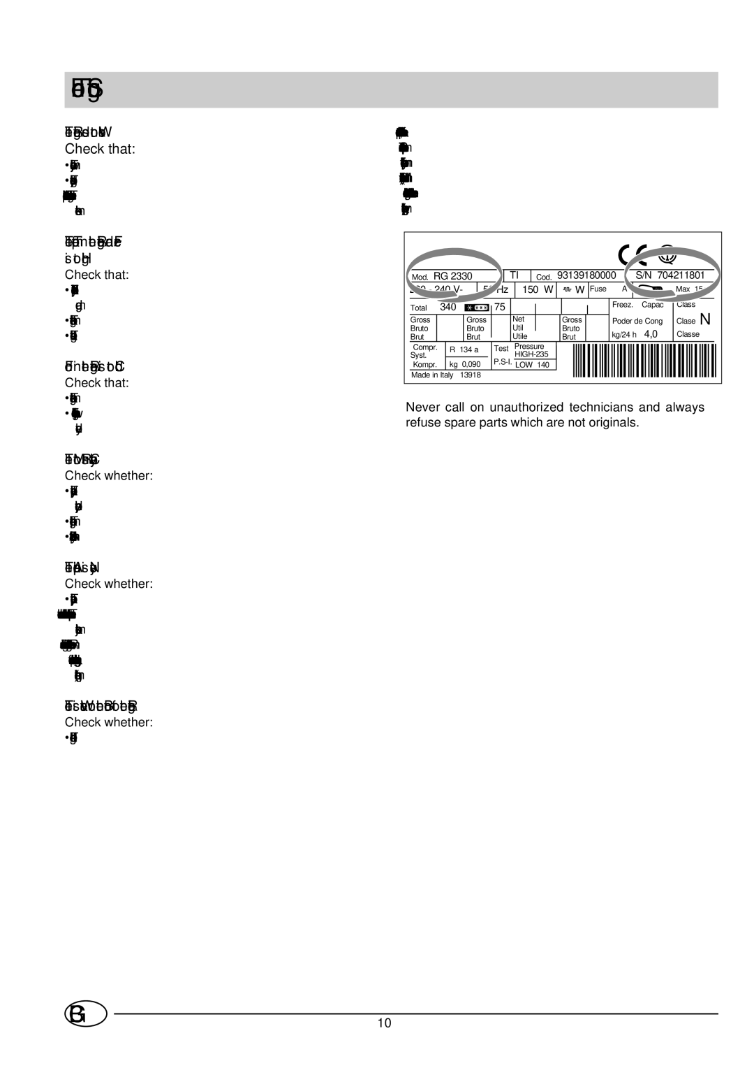 Indesit BA 13 X, BA 13 S manual Trouble Shooting, Refrigerator does not Work 