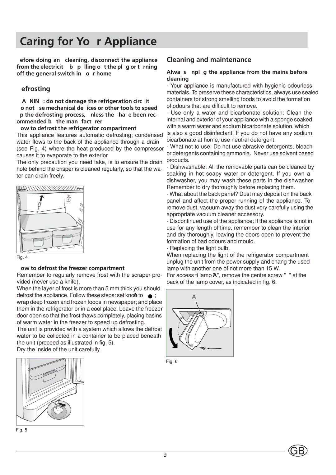 Indesit BA 139 PS manual Caring for Your Appliance, Defrosting, Cleaning and maintenance 