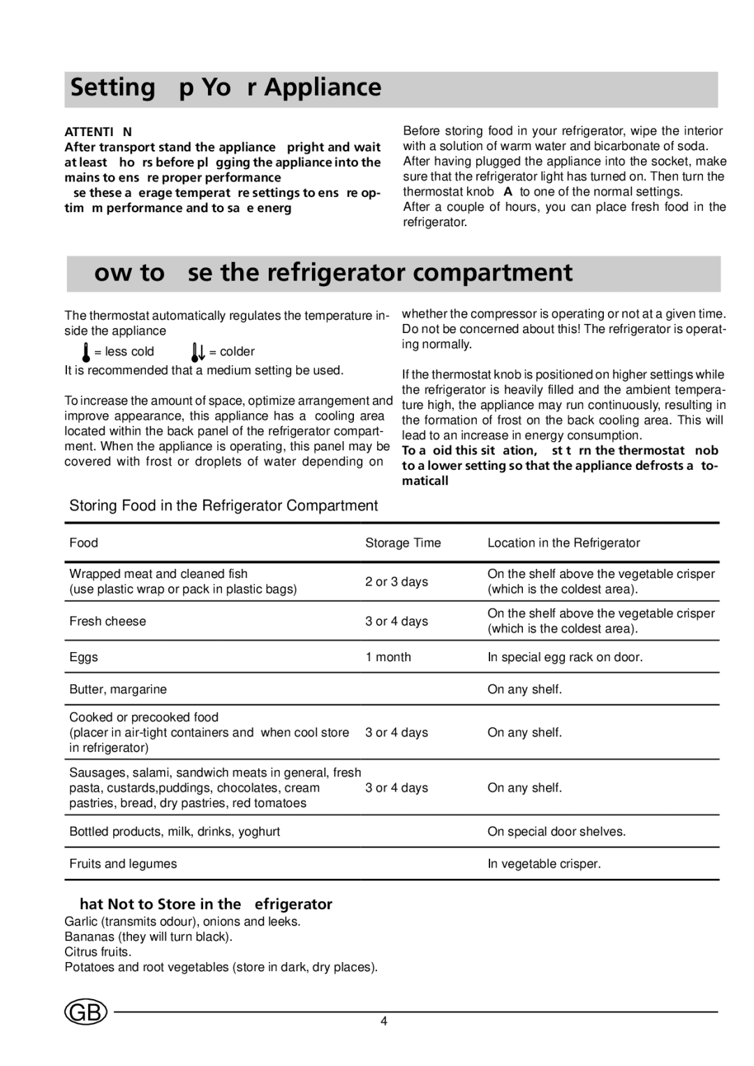 Indesit BA 139 PS manual Setting up Your Appliance, How to use the refrigerator compartment 