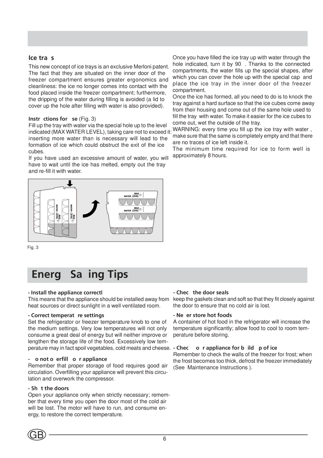 Indesit BA 139 PS manual Energy Saving Tips, Ice trays 