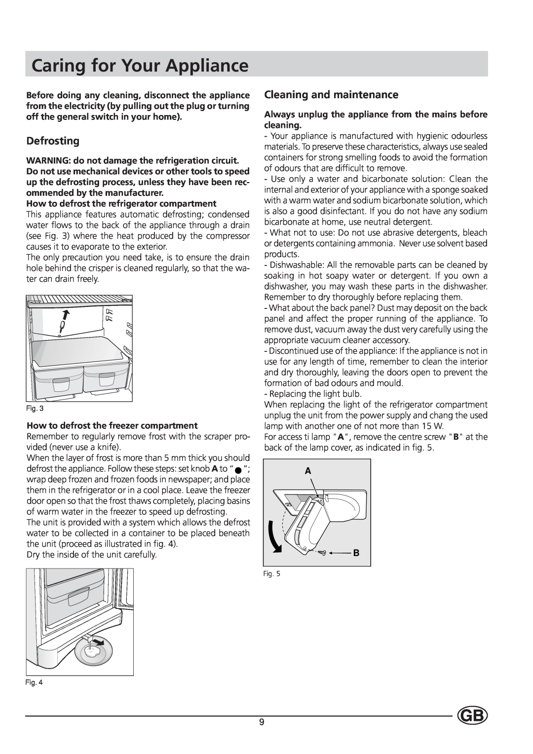 Indesit BA 139 S Caring for Your Appliance, Defrosting, Cleaning and maintenance, How to defrost the freezer compartment 