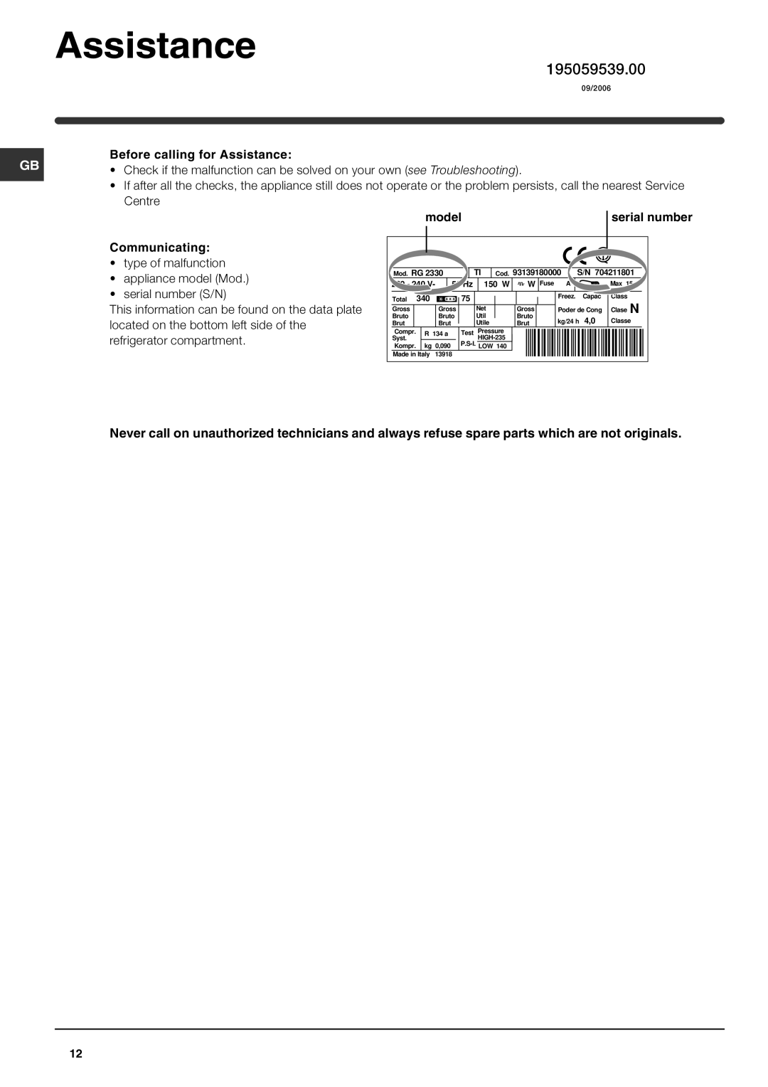 Indesit BA 35 P operating instructions Assistance, Centre, Communicating, Model 