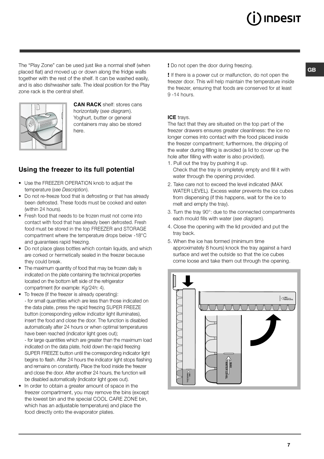 Indesit BA 35 P Using the freezer to its full potential, To freeze if the freezer is already operating, Trays 