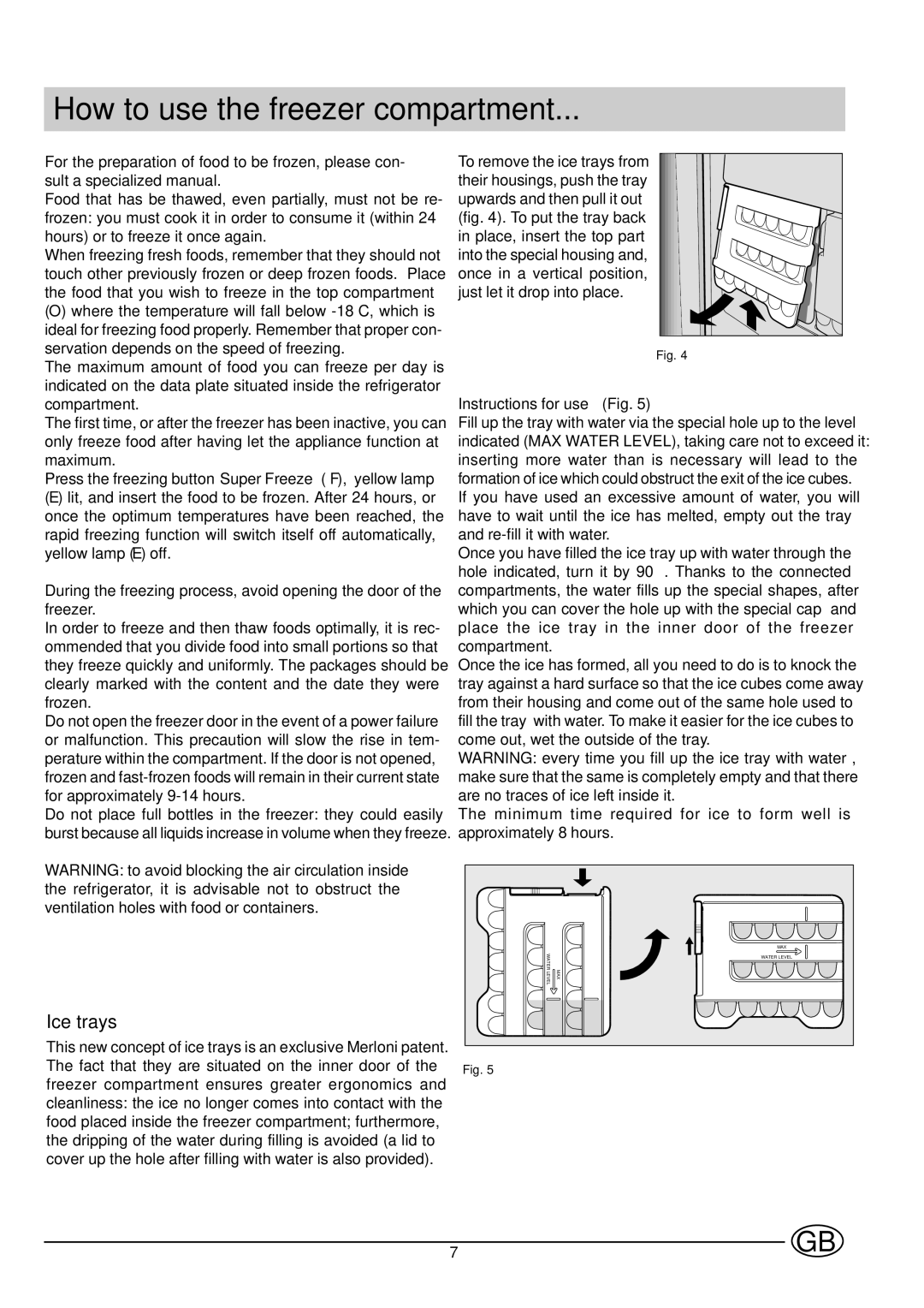 Indesit BA35FNF P manual How to use the freezer compartment, Ice trays, Instructions for use Fig 