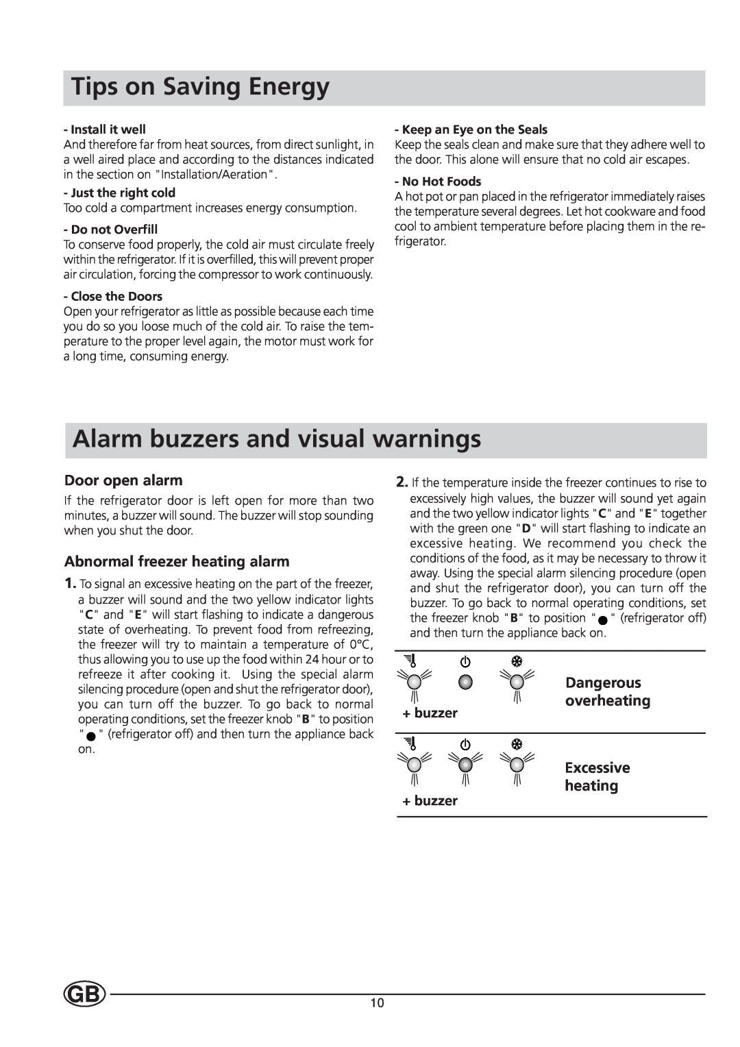Indesit BA35FNF P manual Tips on Saving Energy, Alarm buzzers and visual warnings, Door open alarm, Dangerous overheating 
