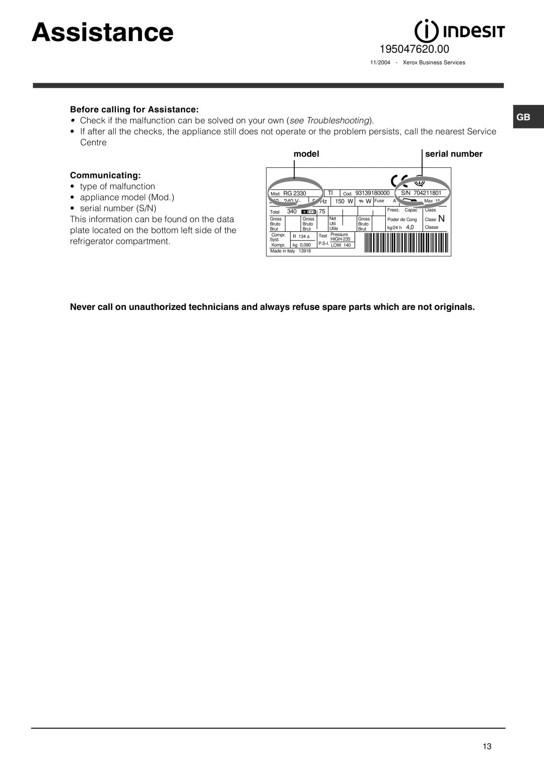 Indesit BAA 35P manual Assistance, Communicating, Model 