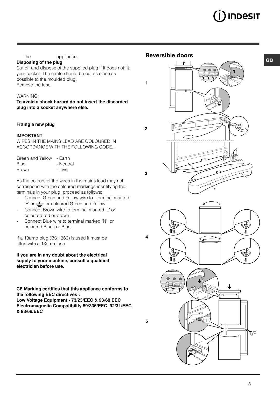 Indesit BAA 35P manual Reversible doors, Disposing of the plug 