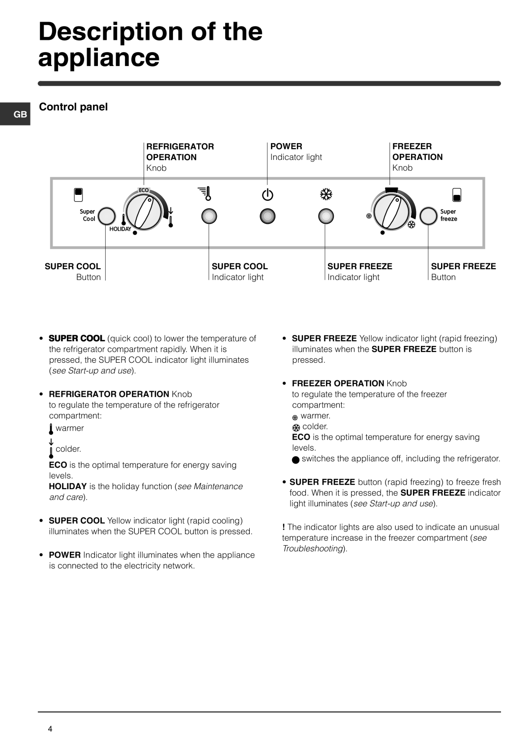 Indesit BAA 35P manual Description of the appliance, Control panel, Refrigerator Operation Knob, Freezer Operation Knob 