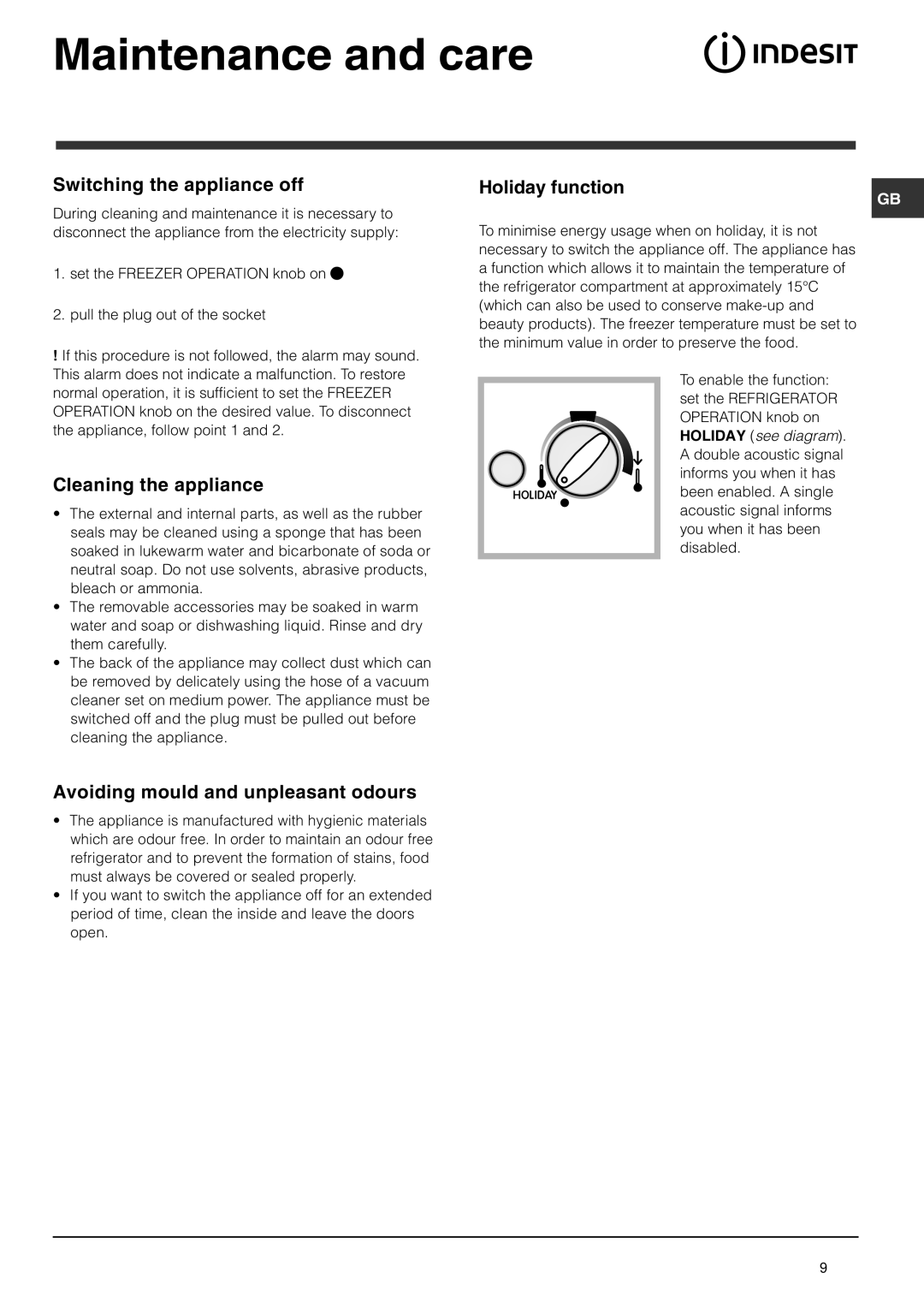 Indesit BAA 35P manual Maintenance and care, Switching the appliance off, Cleaning the appliance 