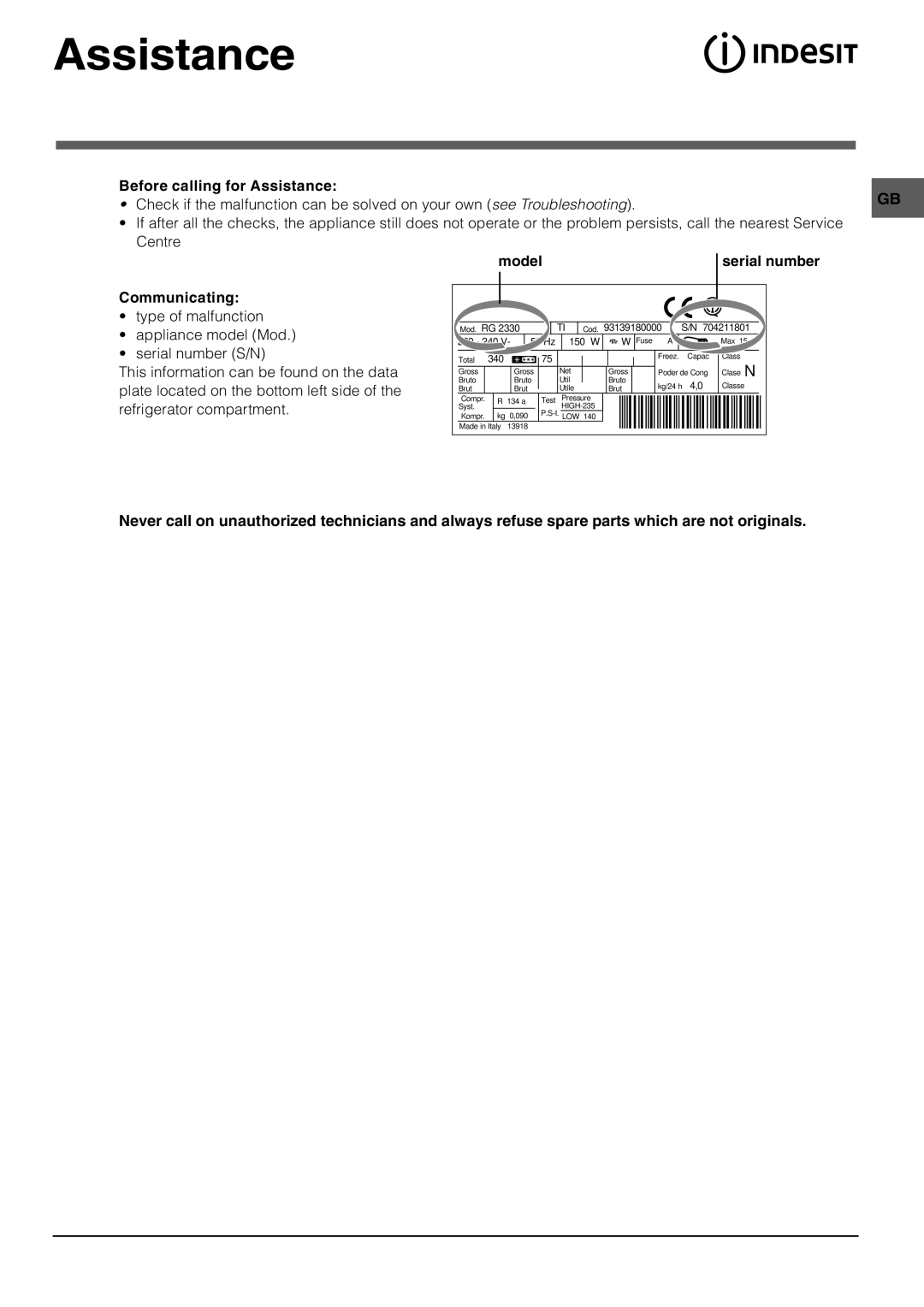 Indesit BAAN 10 manual Assistance, Communicating, Model 