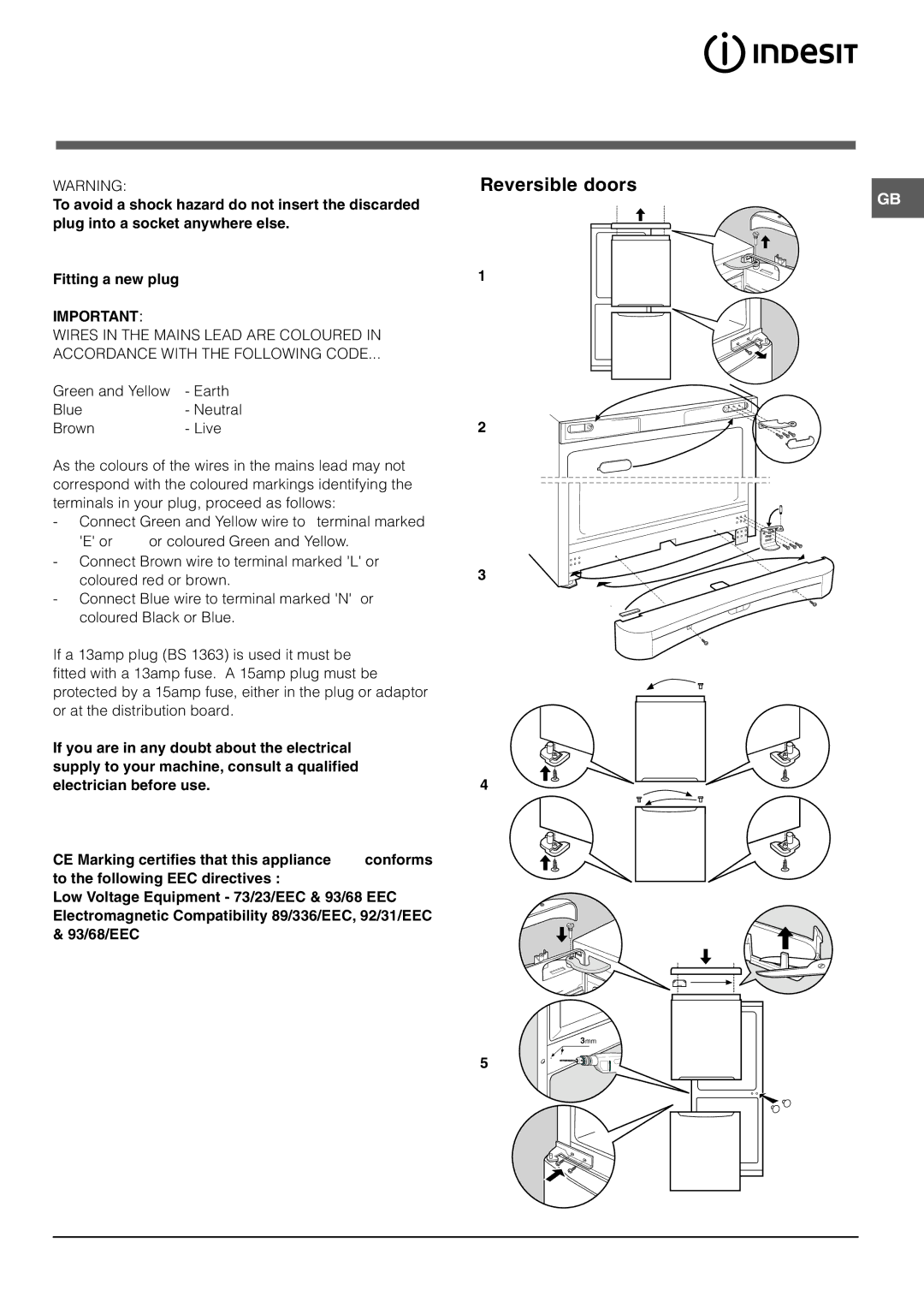 Indesit BAAN 10 manual Reversible doors 