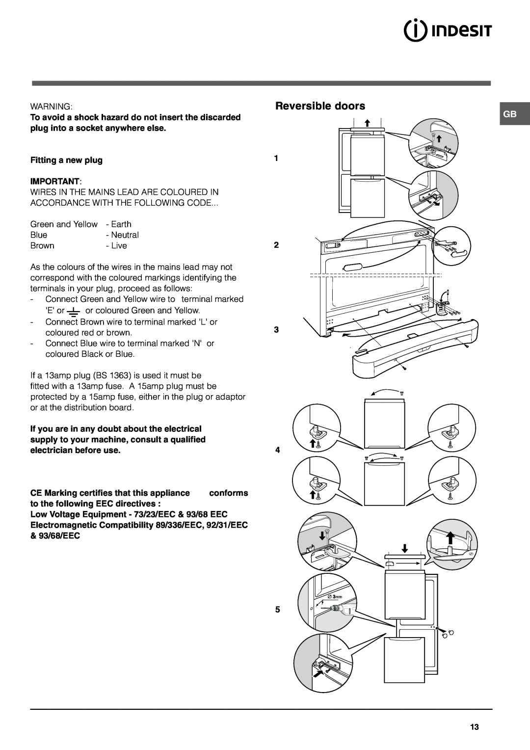 Indesit BAAN 10 manual Reversible doors 