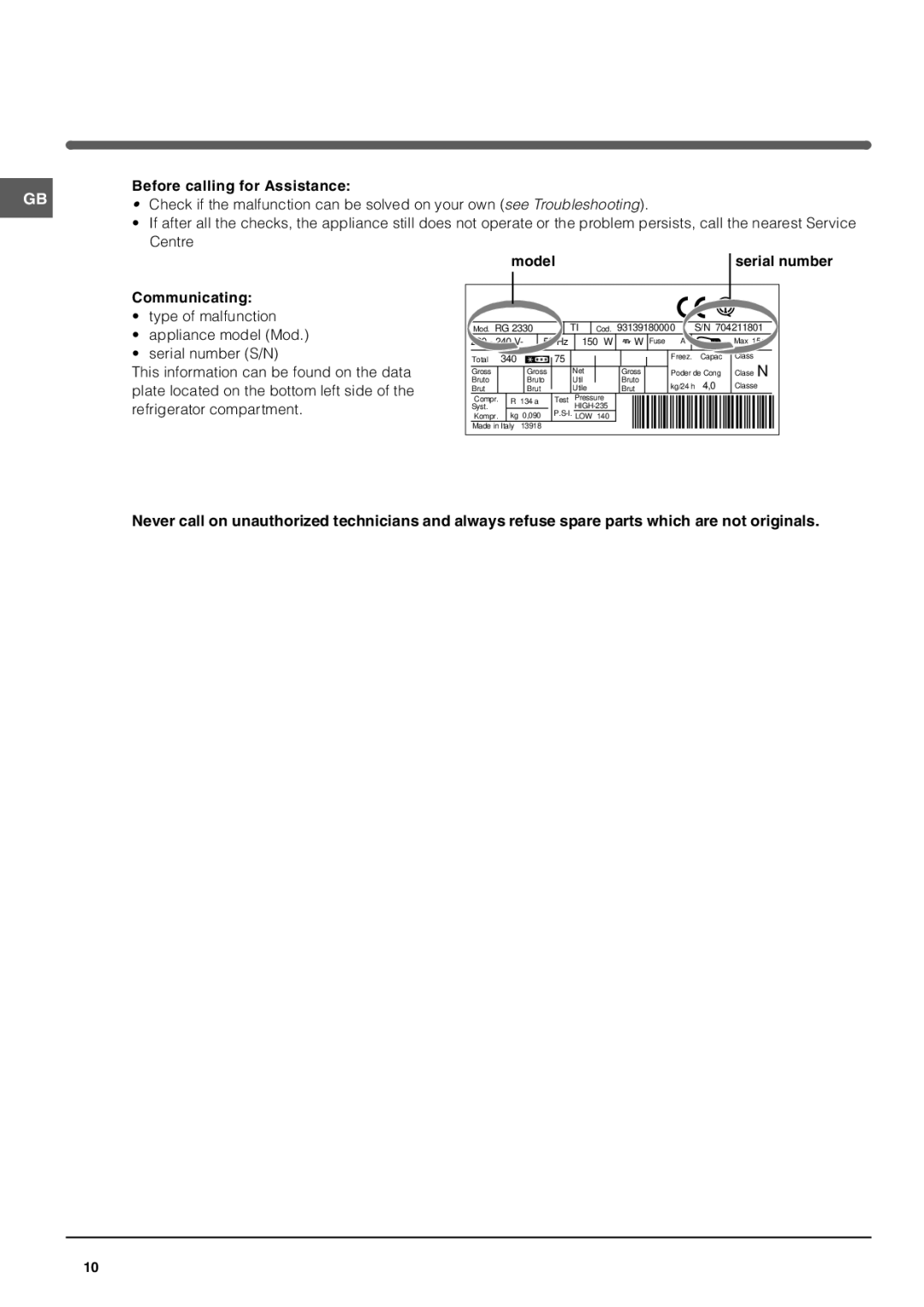 Indesit BAAN 12s operating instructions Assistance, Communicating, Model 