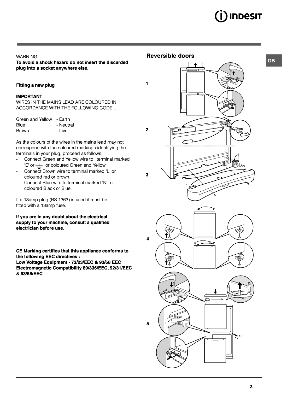 Indesit BAAN 12s operating instructions Reversible doors, 1 2 3 