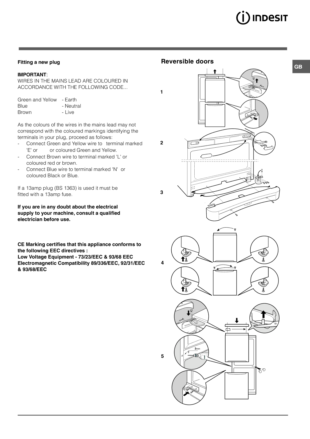 Indesit BAAN 134 PS, BAAN 134 S, BAAN 134 X, BAAN 134 G manual Reversible doors, Fitting a new plug 