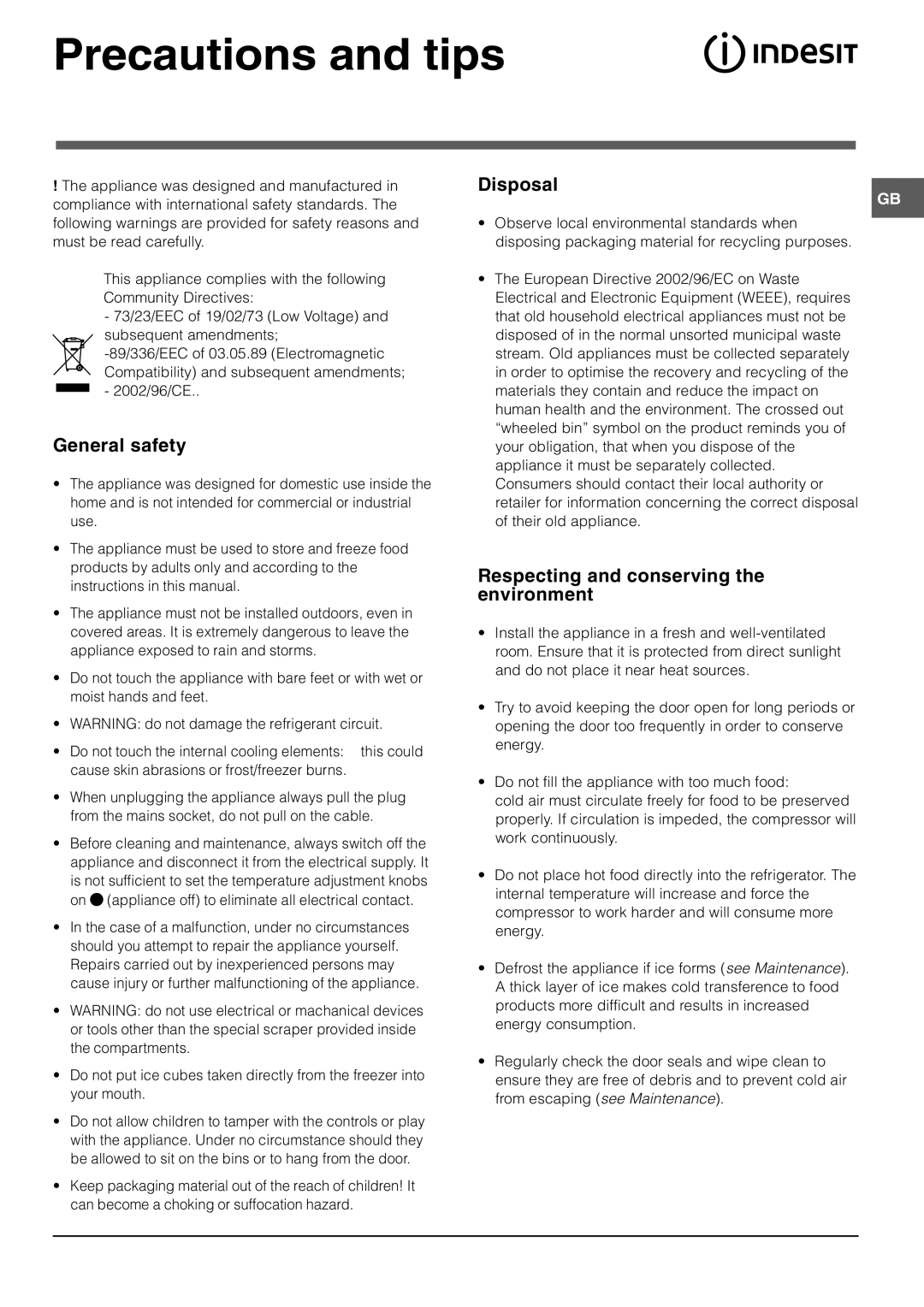 Indesit BAAN 134 S manual Precautions and tips, General safety, Disposal, Respecting and conserving the environment 