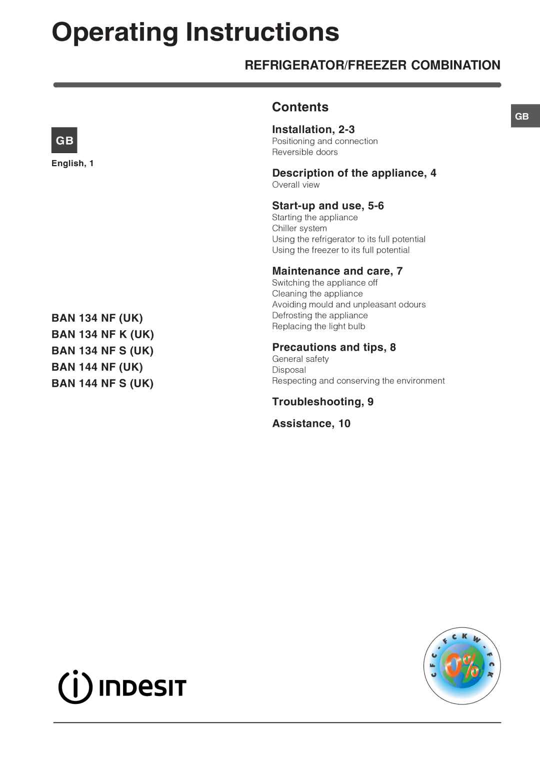 Indesit BAN 134 NF K operating instructions Operating Instructions, REFRIGERATOR/FREEZER Combination 