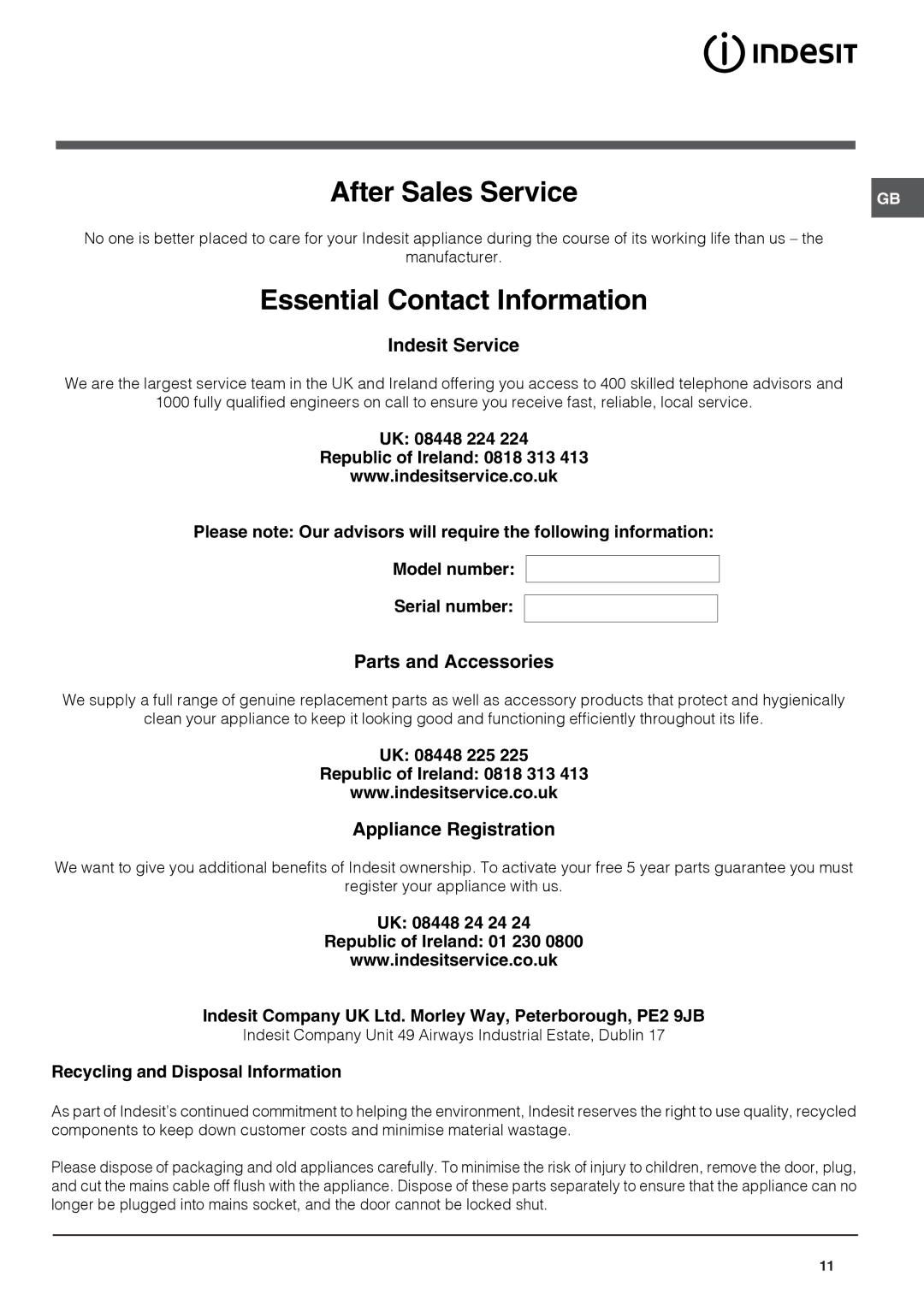 Indesit BAN 134 NF K operating instructions After Sales Service 