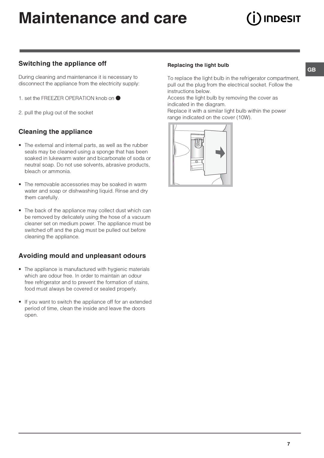 Indesit BAN 134 NF K Maintenance and care, Switching the appliance off, Cleaning the appliance, Replacing the light bulb 