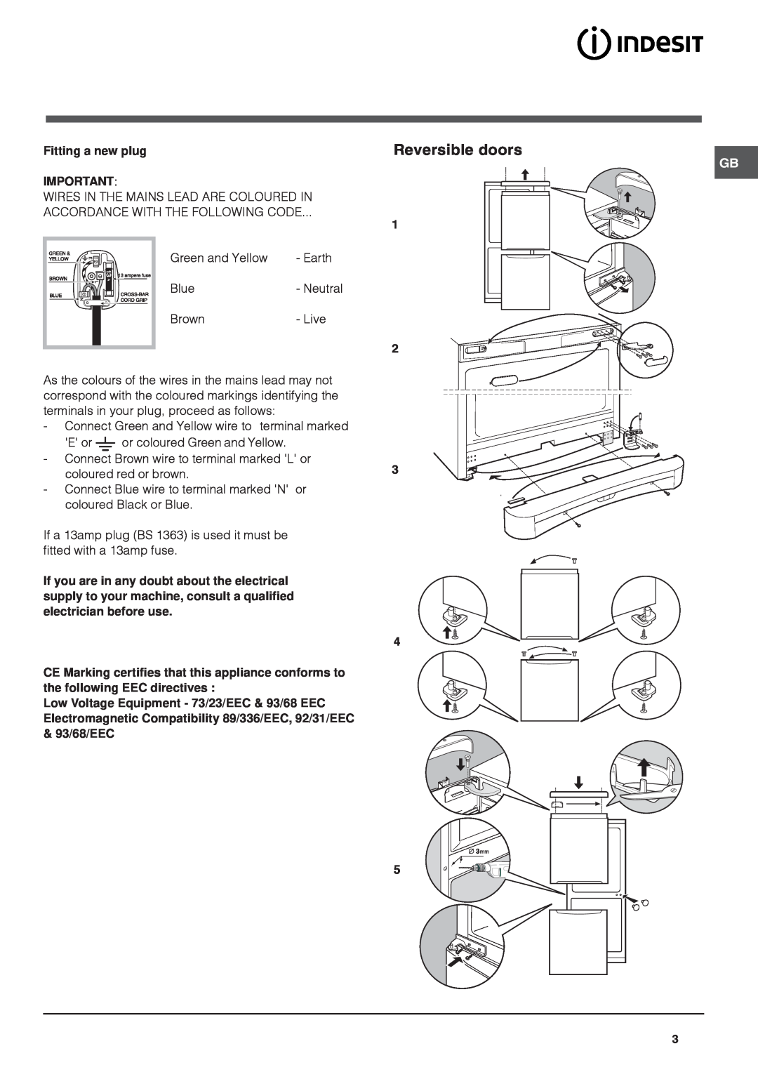 Indesit BAN 134 NF K operating instructions Reversible doors 