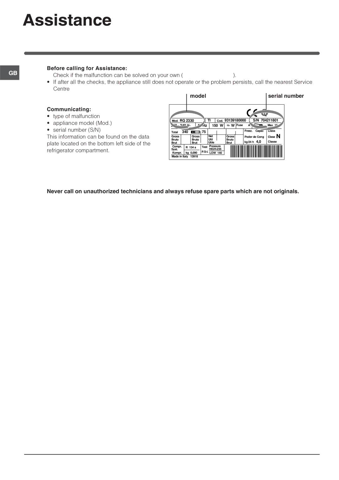 Indesit BAN 134 NF S manual Before calling for Assistance, Communicating, Model 