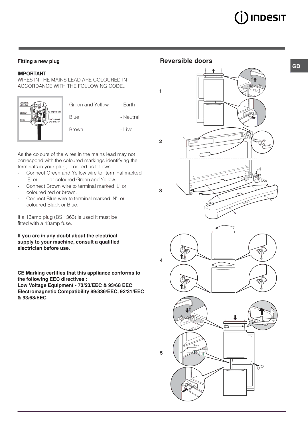 Indesit BAN 134 NF S manual Reversible doors 