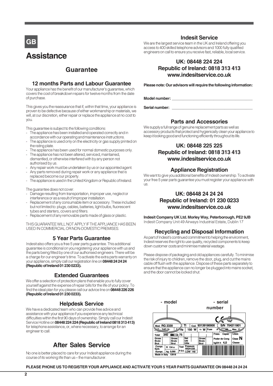 Indesit BAN 40 manual Assistance 