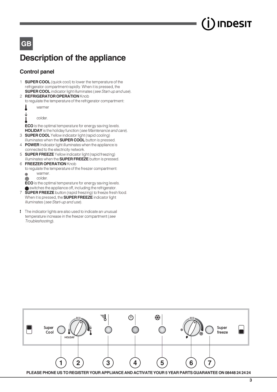 Indesit BAN 40 manual Description of the appliance, Control panel, Refrigerator Operation Knob, Freezer Operation Knob 