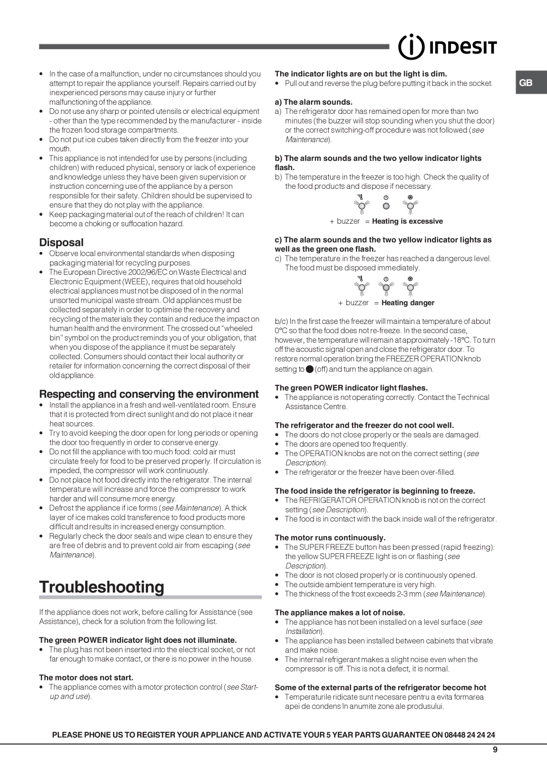 Indesit BAN 40 manual Troubleshooting, Disposal, Respecting and conserving the environment 