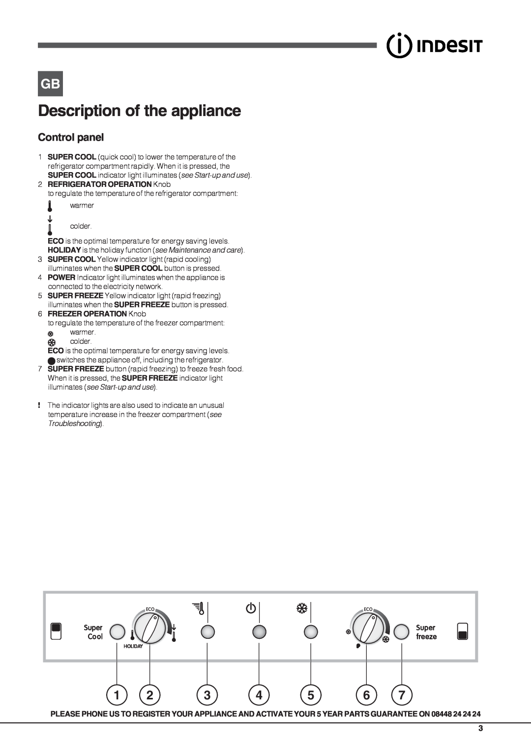 Indesit BAN 40 Description of the appliance, Control panel, REFRIGERATOR OPERATION Knob, FREEZER OPERATION Knob, 271eps 
