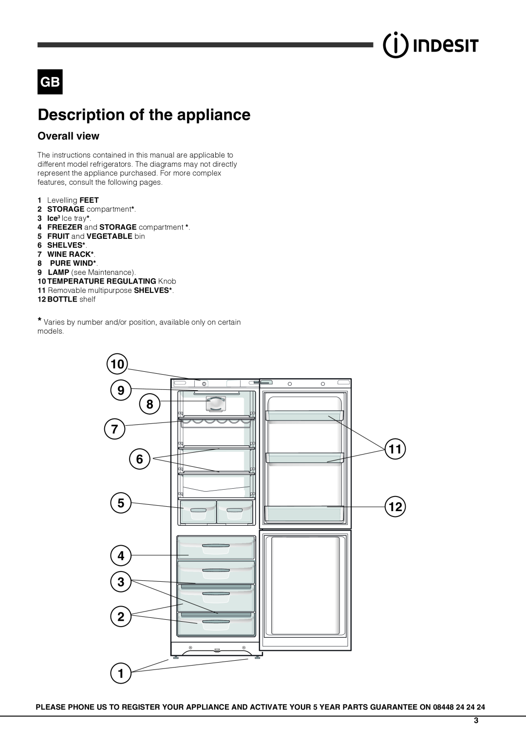 Indesit BIAAA 13 XX XX (UK) Description of the appliance, Overall view, WINE RACK 8 PURE WIND, TEMPERATURE REGULATING Knob 