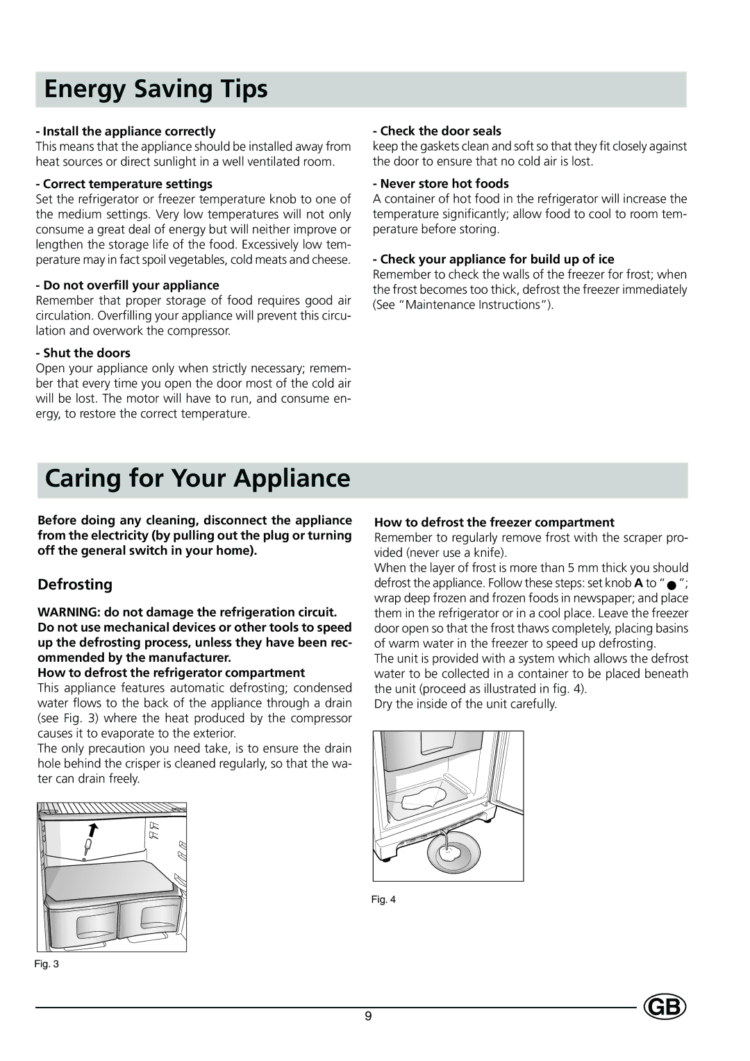 Indesit C 133 UK manual Energy Saving Tips, Caring for Your Appliance, Defrosting 