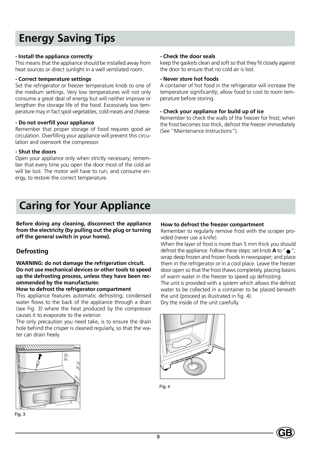 Indesit C 133 UK manual Energy Saving Tips, Caring for Your Appliance, Defrosting 