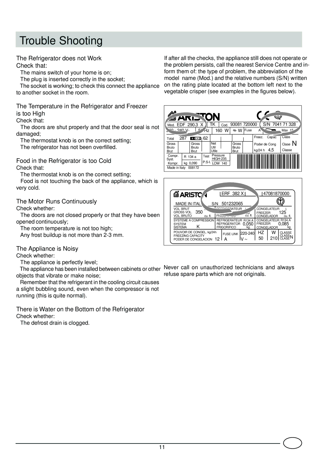 Indesit C 138 manual Trouble Shooting, Refrigerator does not Work 