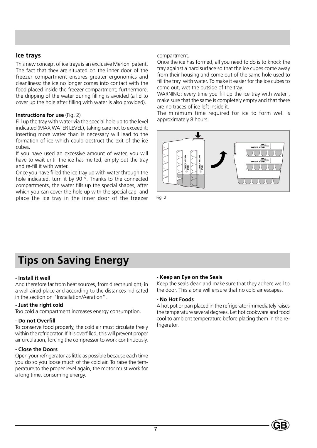 Indesit C 239 NF UK manual Tips on Saving Energy, Ice trays 